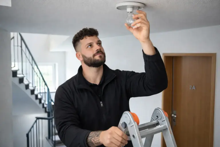 Hausmeisterservice im Treppenhaus: Austausch eines Leuchtmittels an der Decke