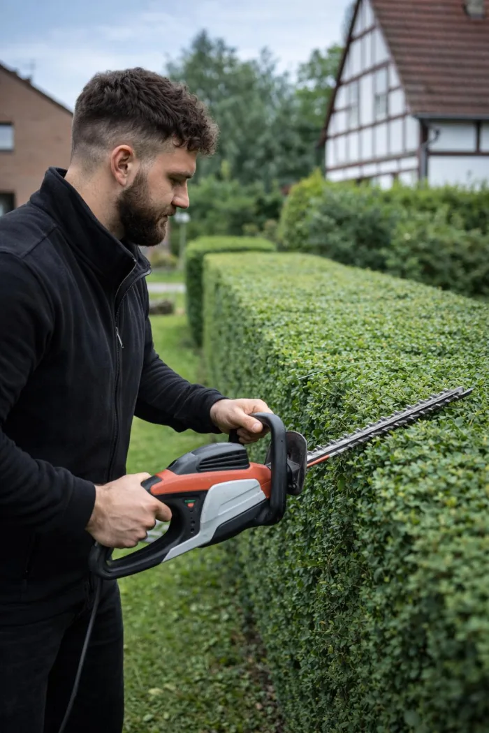 Heckenschnitt mit elektrischer Heckenschere im Garten