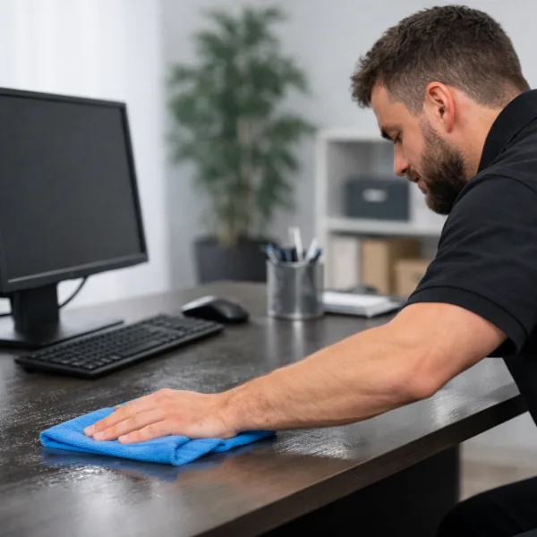 Reinigung einer Schreibtischoberfläche im Büro