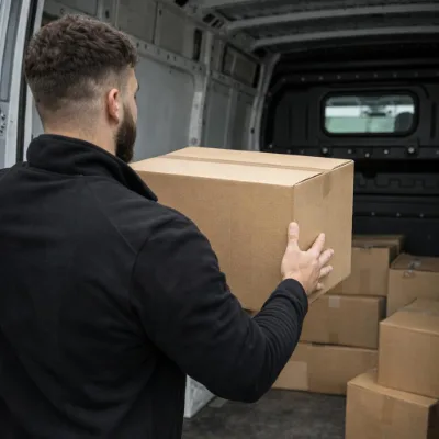 Umzugskartons werden in einen Transporter geladen